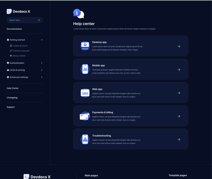 Devdocs X - Help Center - Home Page - Technical Documentation Webflow Template