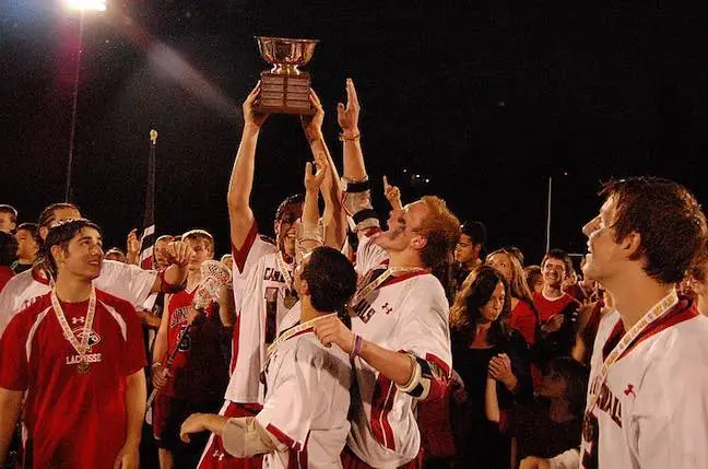 Lincoln High School lacrosse team holding the state championship trophy