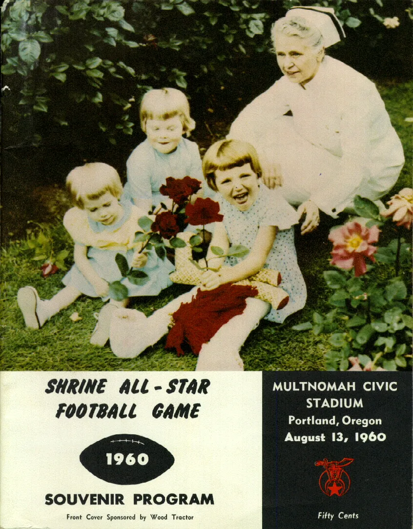 Three young children sitting on grass with an older woman dressed as a nurse behind them, surrounded by roses; a 1960 Shrine All-Star Football Game souvenir program cover with event details.