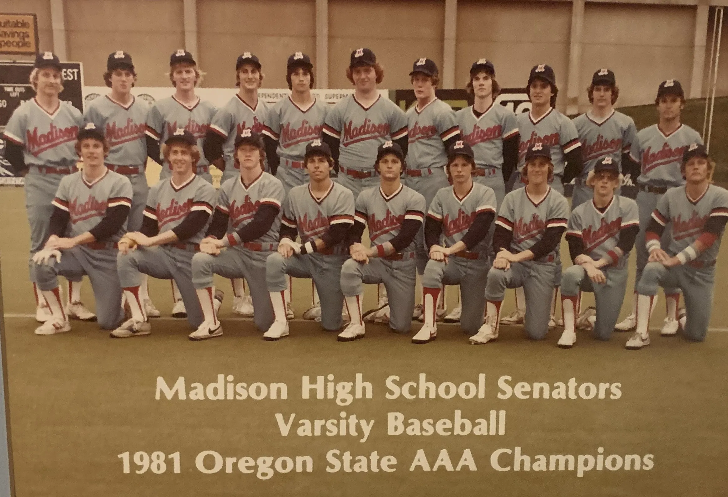 1981 Madison High School Senators varsity baseball team posing on field as Oregon State AAA champions.