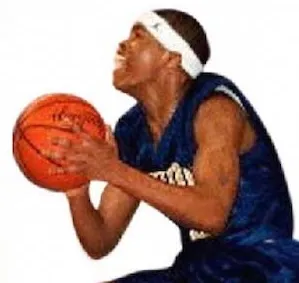 Basketball player wearing a blue jersey and white headband preparing to shoot the ball.