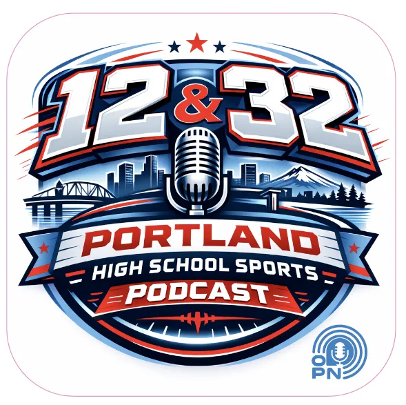 Logo for the 12&32 Portland High School Sports Podcast featuring a large microphone, city skyline, bridge, mountain, and trees in blue, red, and white colors.