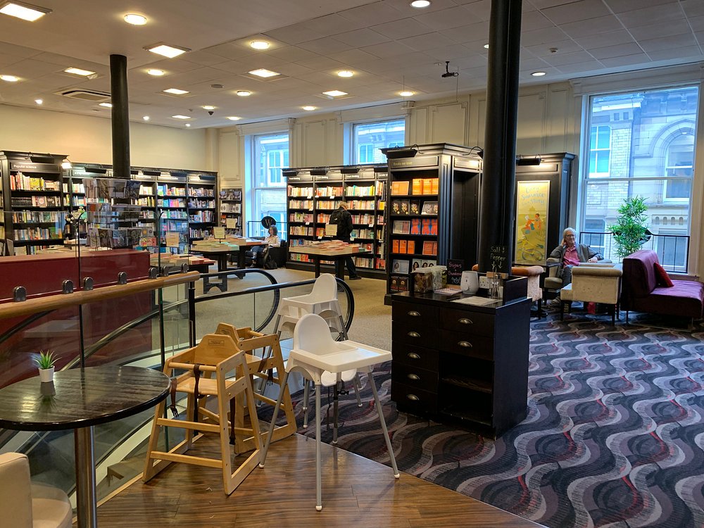 Cafe and bookshelves