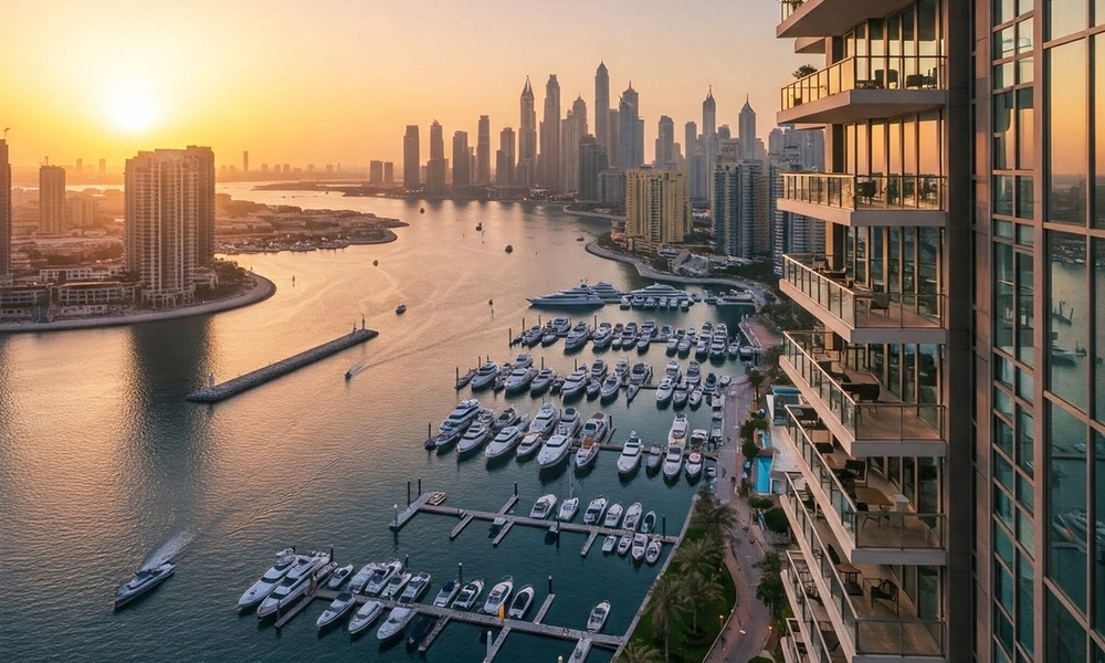 Dubai Marina skyline with luxury apartments overlooking yachts and waterfront