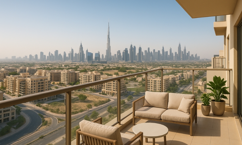 Balcony view from a 2 BHK apartment in Arjan, Dubai
