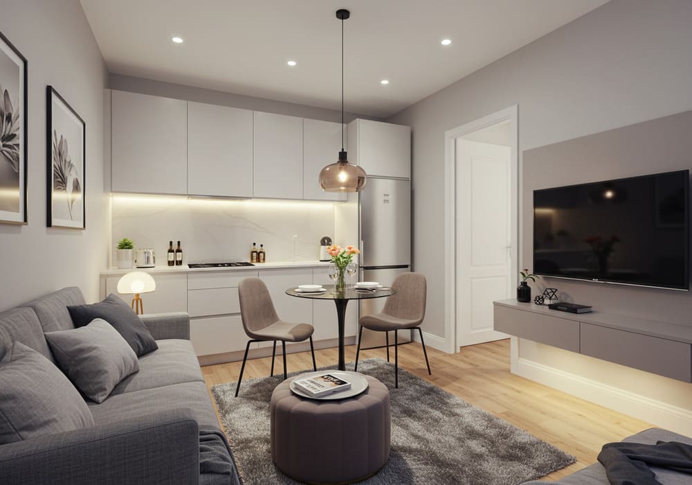 Compact Dubai studio with dining nook, TV, and cozy lighting designed for tenant comfort