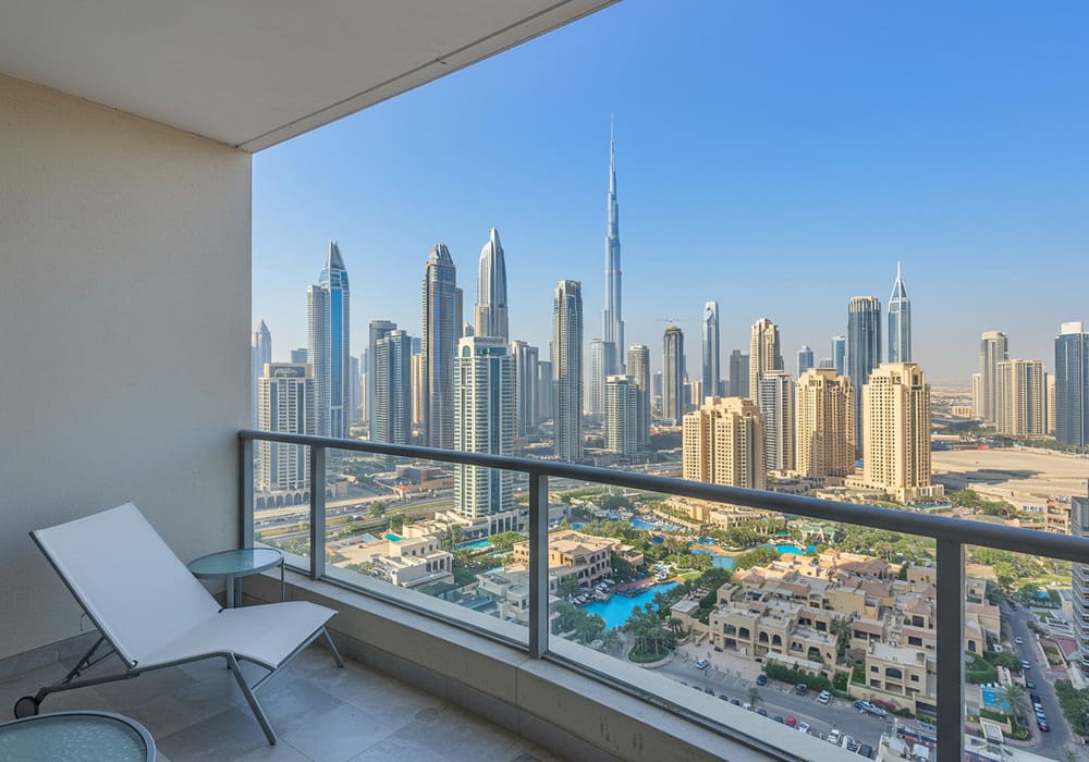 View from a studio balcony in Arjan showing Dubai skyline