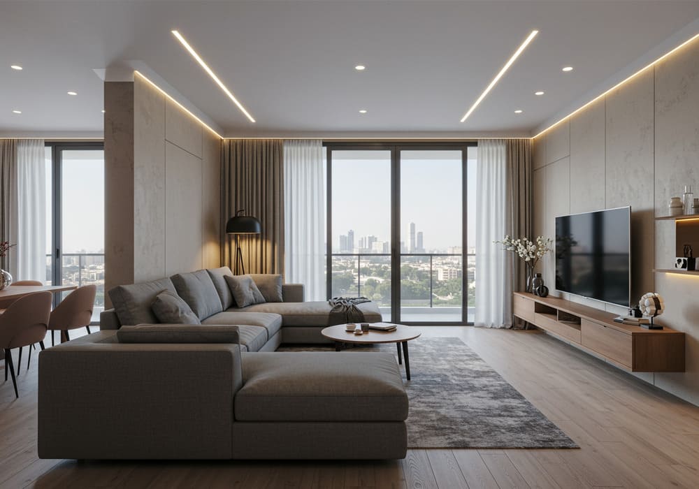 Smart-enabled living room in 3BHK Arjan apartment