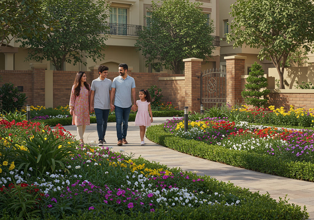 Family in landscaped garden of Arjan residential community