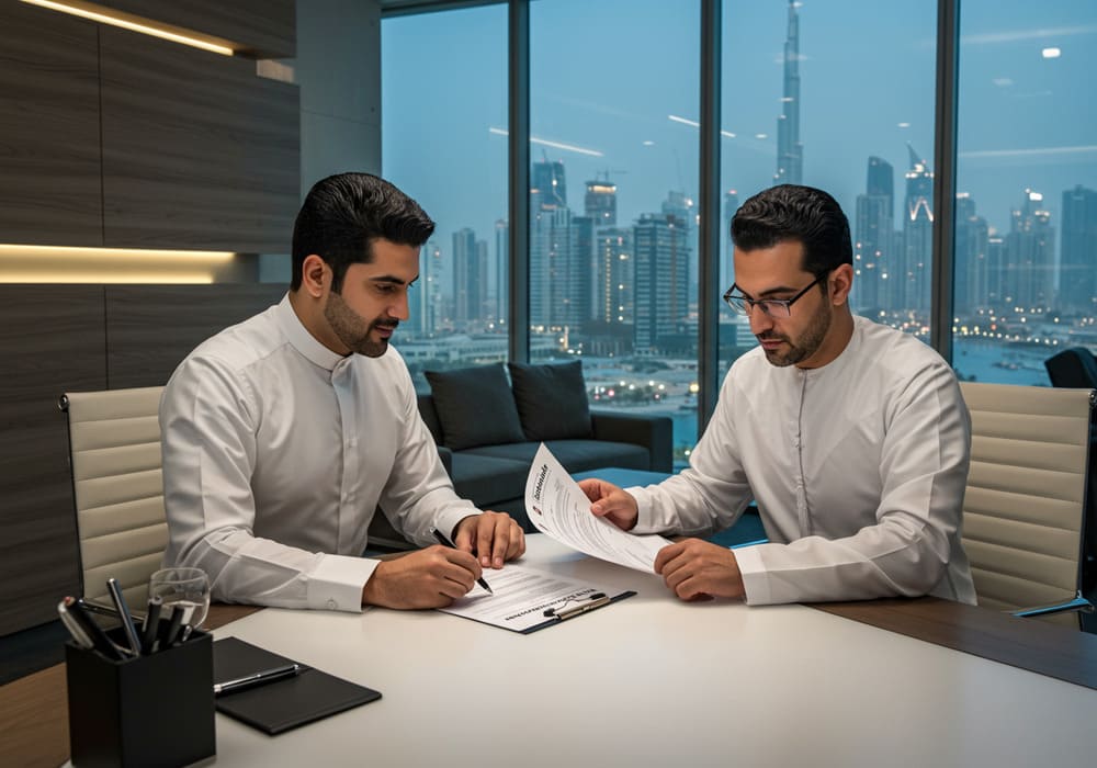 Client studying off-plan contract and payment schedule in Dubai office