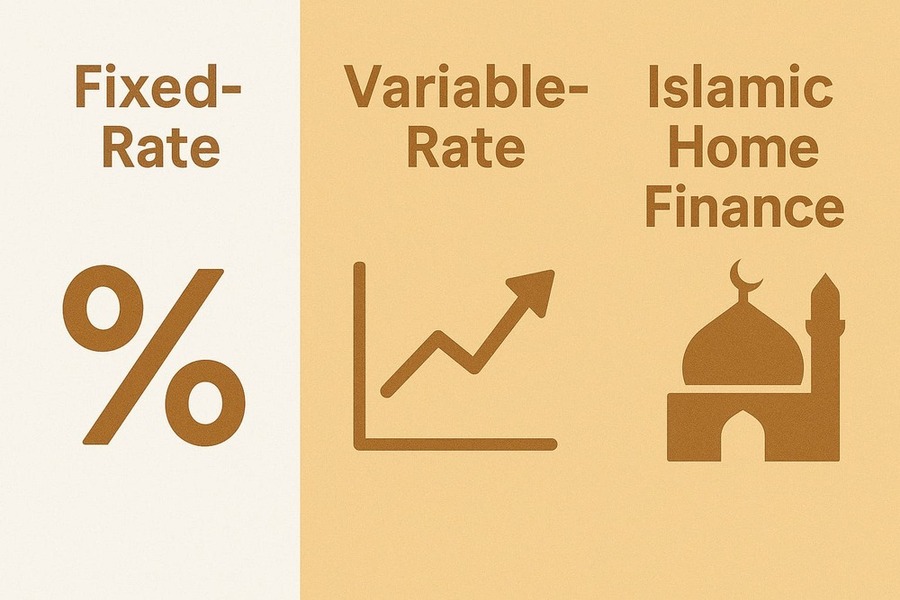 Infographic displaying fixed, variable, and Islamic mortgage types with icons and comparison labels