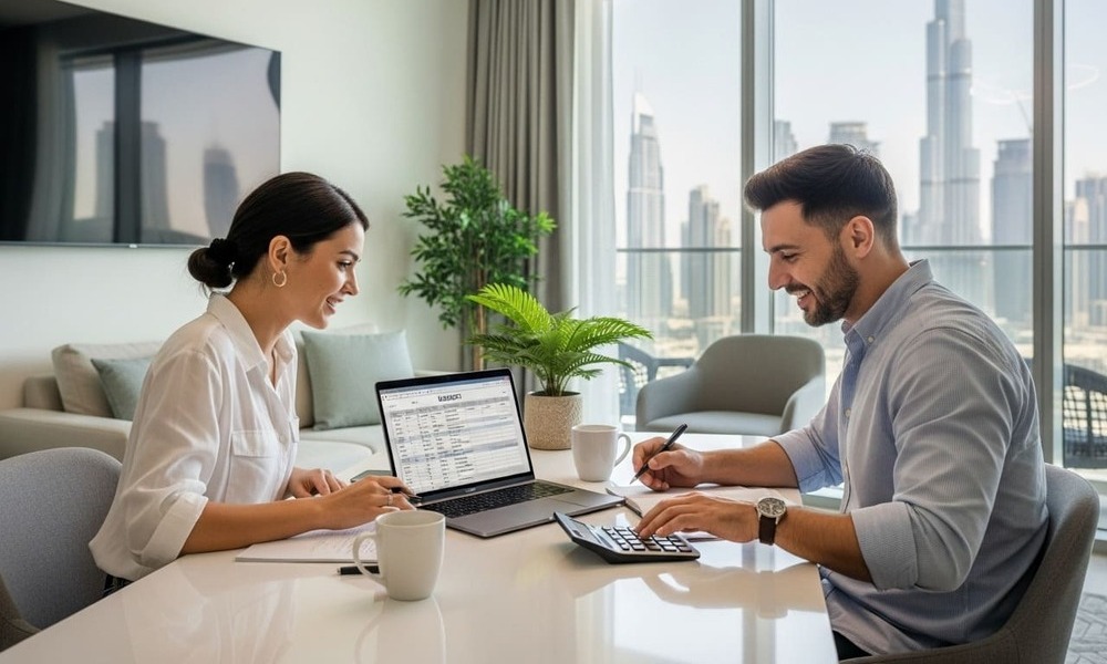 Young couple planning home savings on laptop in a Dubai apartment with budget sheets and calculator