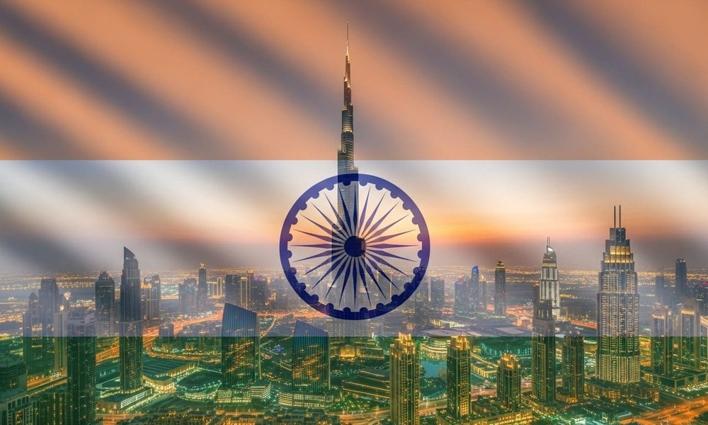 Stunning Dubai skyline overlaid with the Indian flag, symbolizing cross-border investment