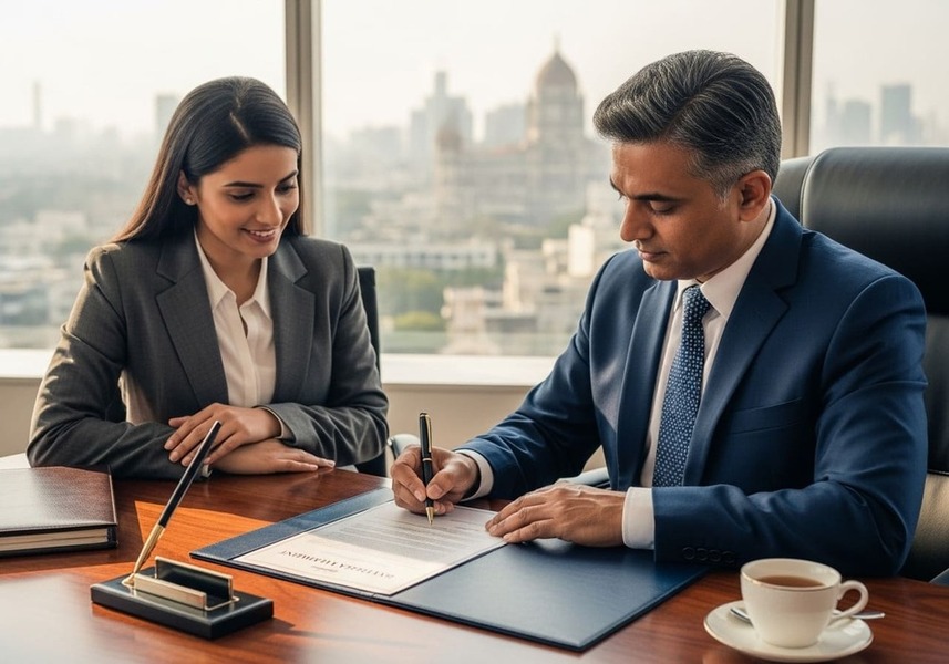 Indian buyer meets Dubai agent signing property purchase documents in a modern office.