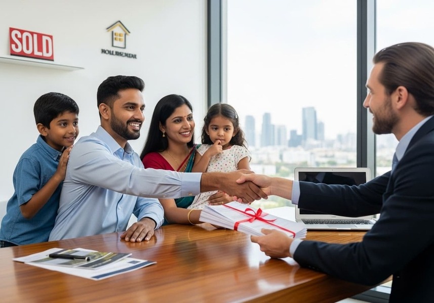 Smiling Indian family collecting visa papers in a Dubai property office.