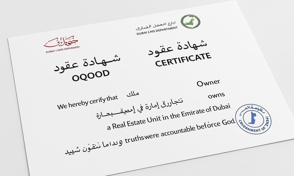Dubai Oqood certificate example showing registration details for off-plan property buyers.