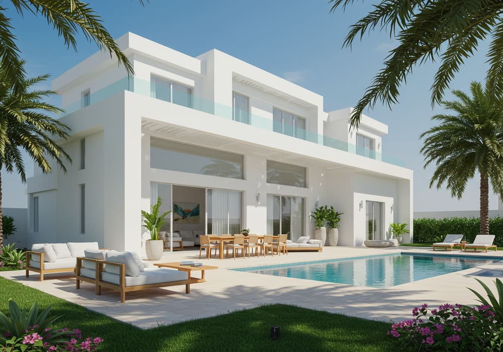 Dubai villa front yard with pool and greenery