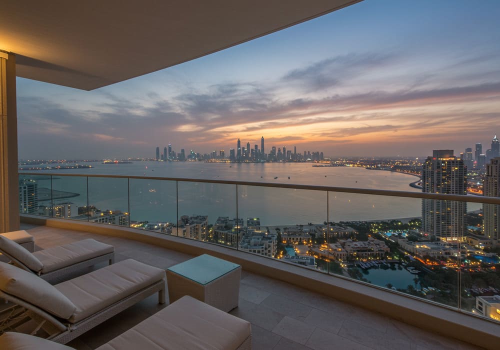 Apartment balcony view over Dubai skyline at dusk