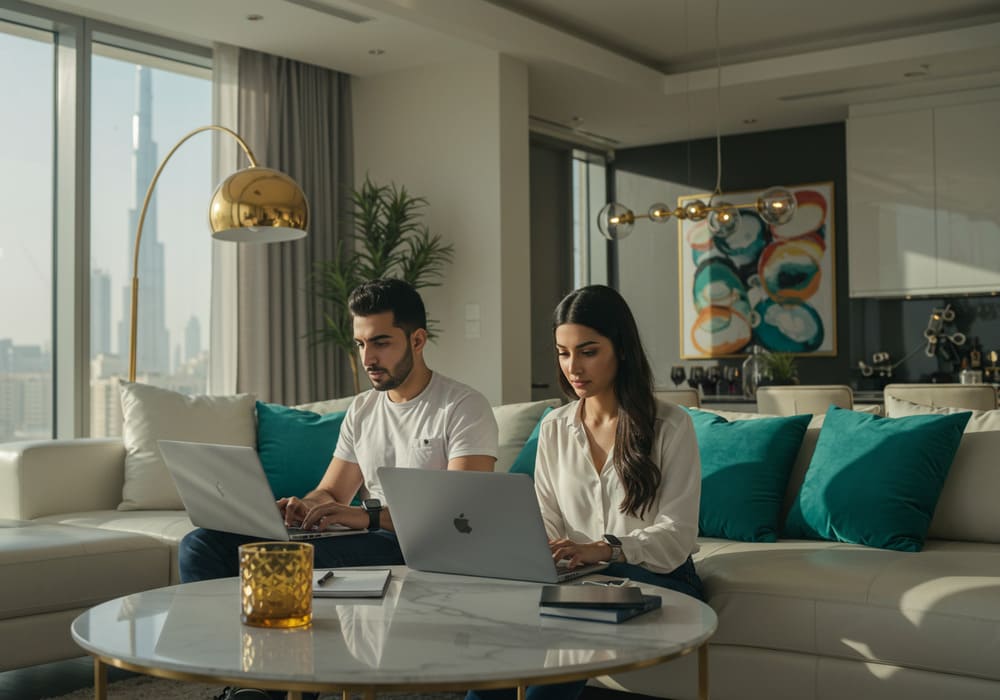 Young professionals working from their Dubai apartment lounge