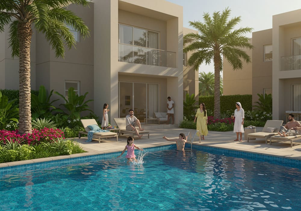 Family relaxing by villa pool in gated Dubai community