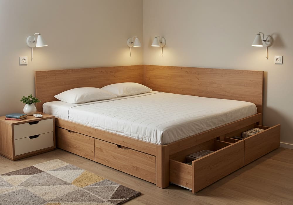 Bedroom in Dubai apartment with smart storage and lighting.