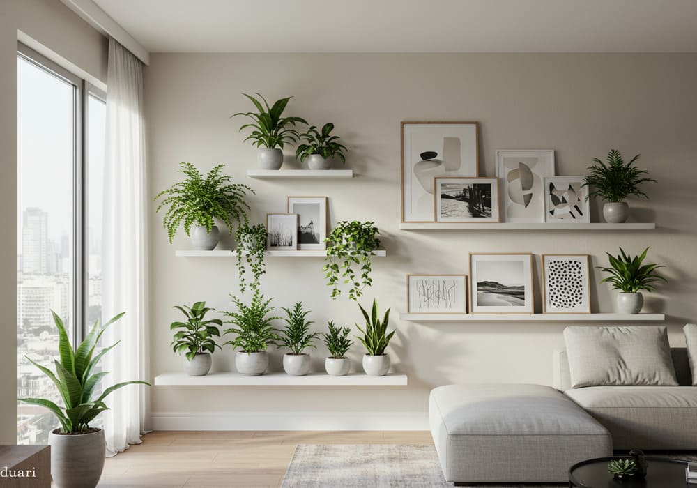 Living room with indoor plants, floating shelves, and wall art.