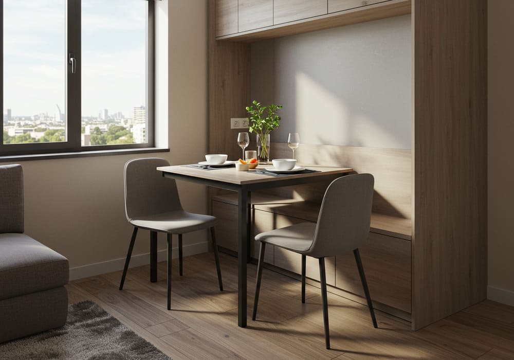 Dining area with sofa storage console in Dubai apartment.