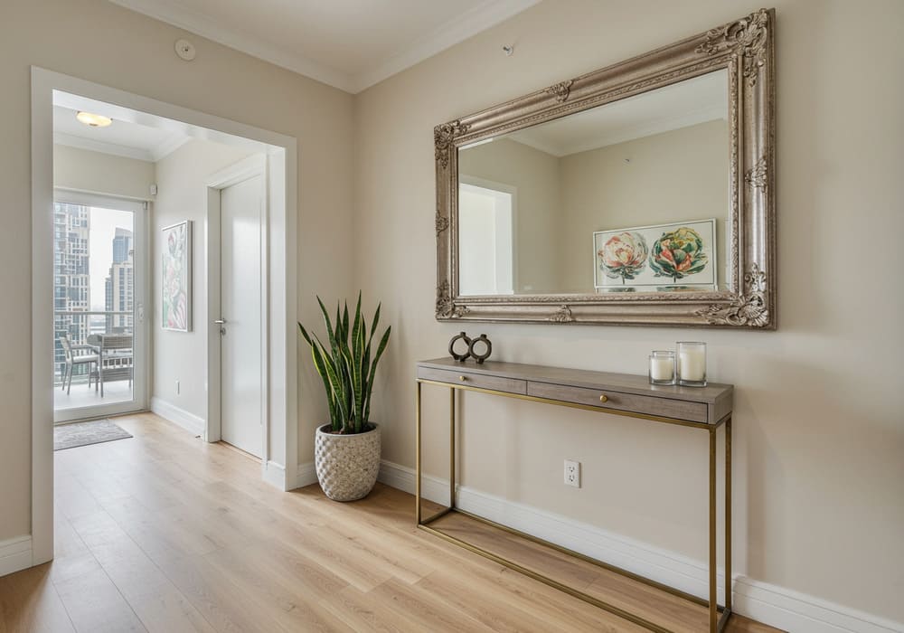 Stylish entryway of a Dubai apartment with console, mirror, and plant on light flooring.