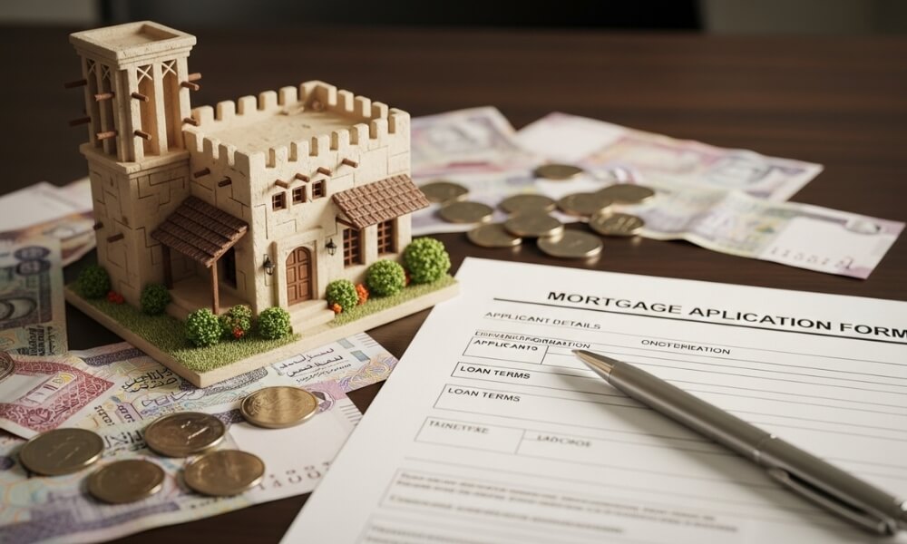 Miniature house, UAE dirhams, and mortgage form on desk symbolizing home loan process in the UAE