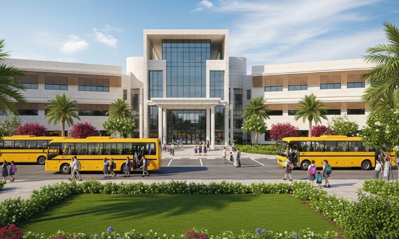 British curriculum school near Arjan Dubai with children arriving and school buses at landscaped entrance