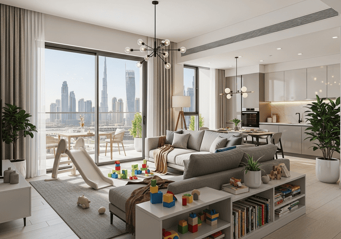 Spacious 2 BHK family-friendly apartment in Arjan Dubai with open-plan living and children’s play area