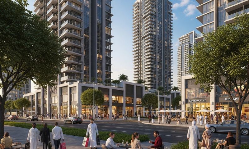 Residential towers in Arjan Dubai with supermarkets, cafés, and people walking on tree-lined streets