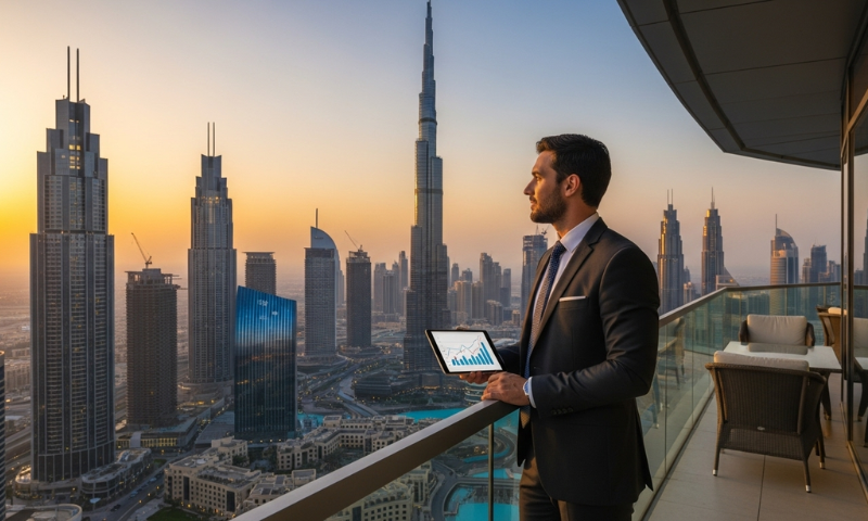 Real estate investor overlooking Dubai skyline from luxury apartment balcony at sunset