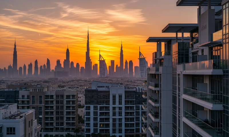 Modern Dubai apartments skyline during sunrise