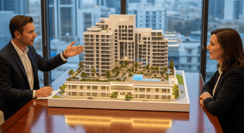 Real estate developer presenting Dubai off-plan apartment project concept