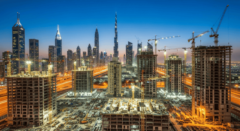 Dubai skyline with residential projects under construction showing real estate growth