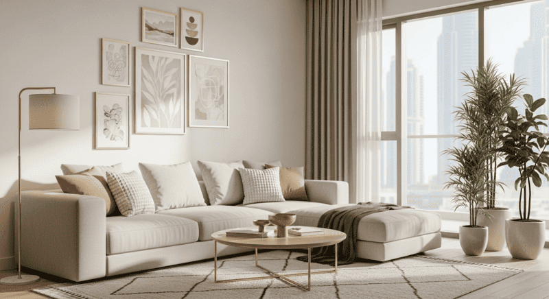 Minimalist interior of a modern Dubai apartment with neutral tones, natural light, and elegant furnishings.