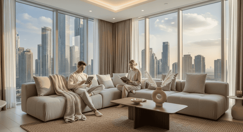 Couple relaxing in a decluttered luxury apartment in Dubai with serene ambiance and skyline view.