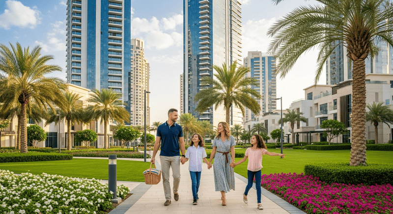Family walking in landscaped residential community surrounded by modern apartments in Dubai