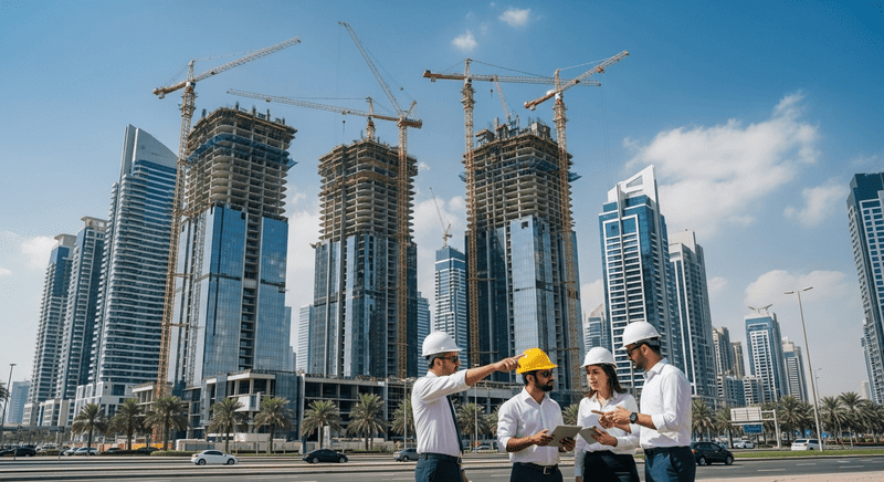 Real estate developers inspecting modern residential construction site in Dubai