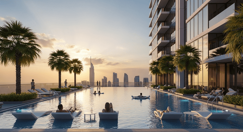 Rooftop pool and modern luxury residential tower in Arjan Dubai during sunset