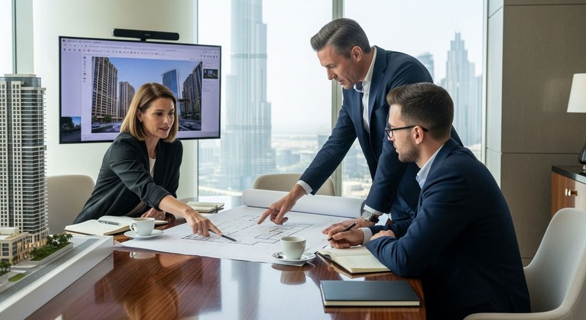 Investor discussing property plans with Dubai developers and architects in modern office setting