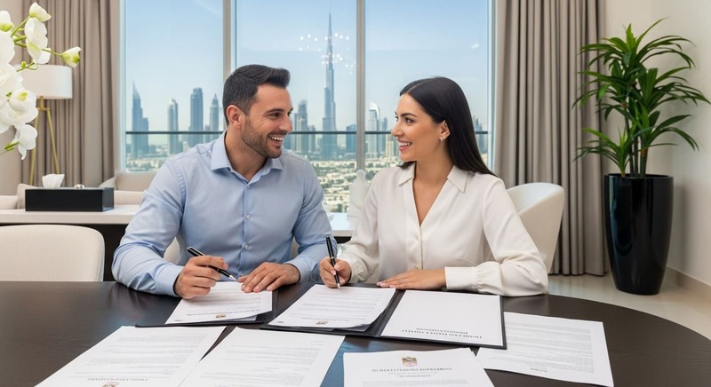 Expat couple signing home purchase papers in Dubai apartment, bright interior