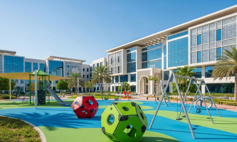 Modern private school campus in Dubai with playground & academic block