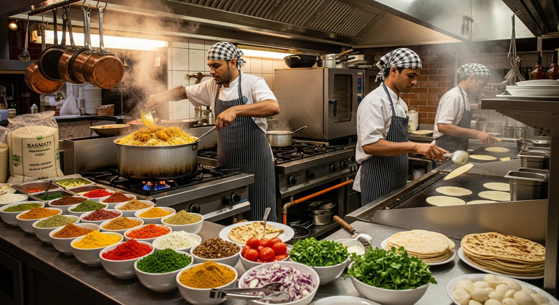 Indian eatery kitchen in Dubai serving biryani and curries