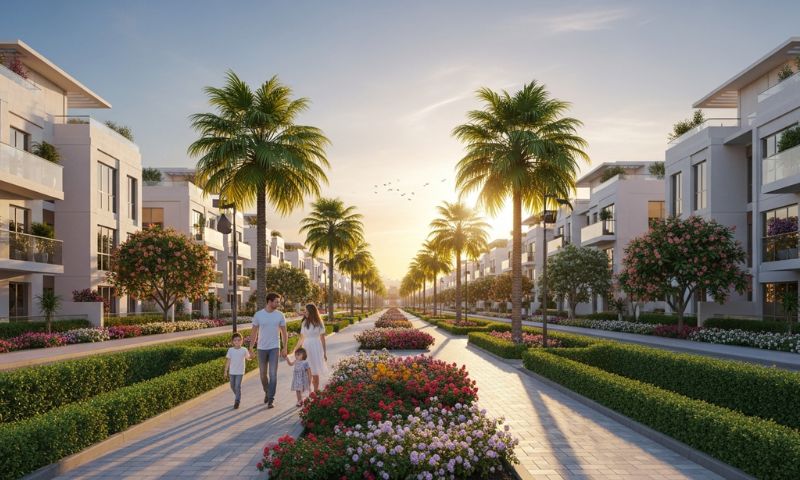 Family walking on landscaped boulevard in Arjan Dubai community