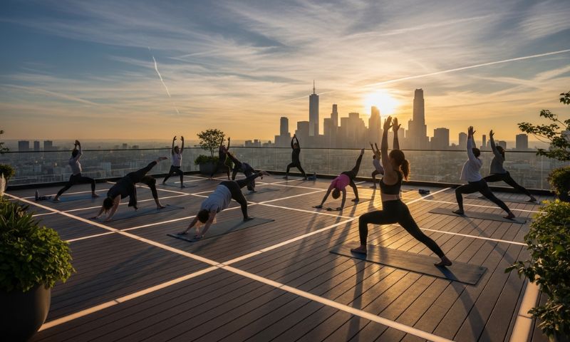 Rooftop yoga deck in Dubai apartment with skyline at sunrise.
