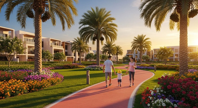 Green landscaped jogging track in Dubai community with palm trees.