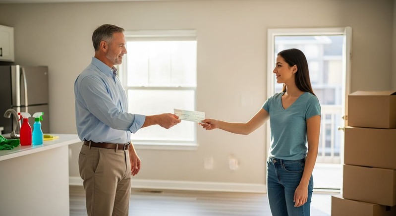 Landlord returning a security cheque to a Dubai tenant after completing the rental move-out inspection in the apartment.