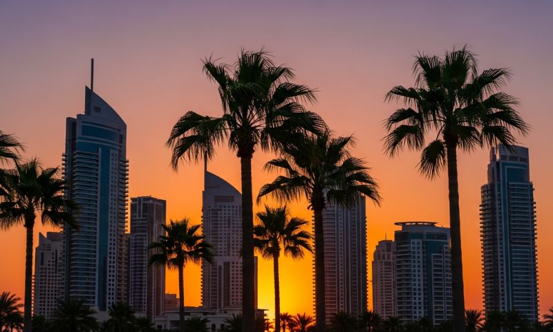 Arjan Dubai skyline with modern residential towers at sunset
